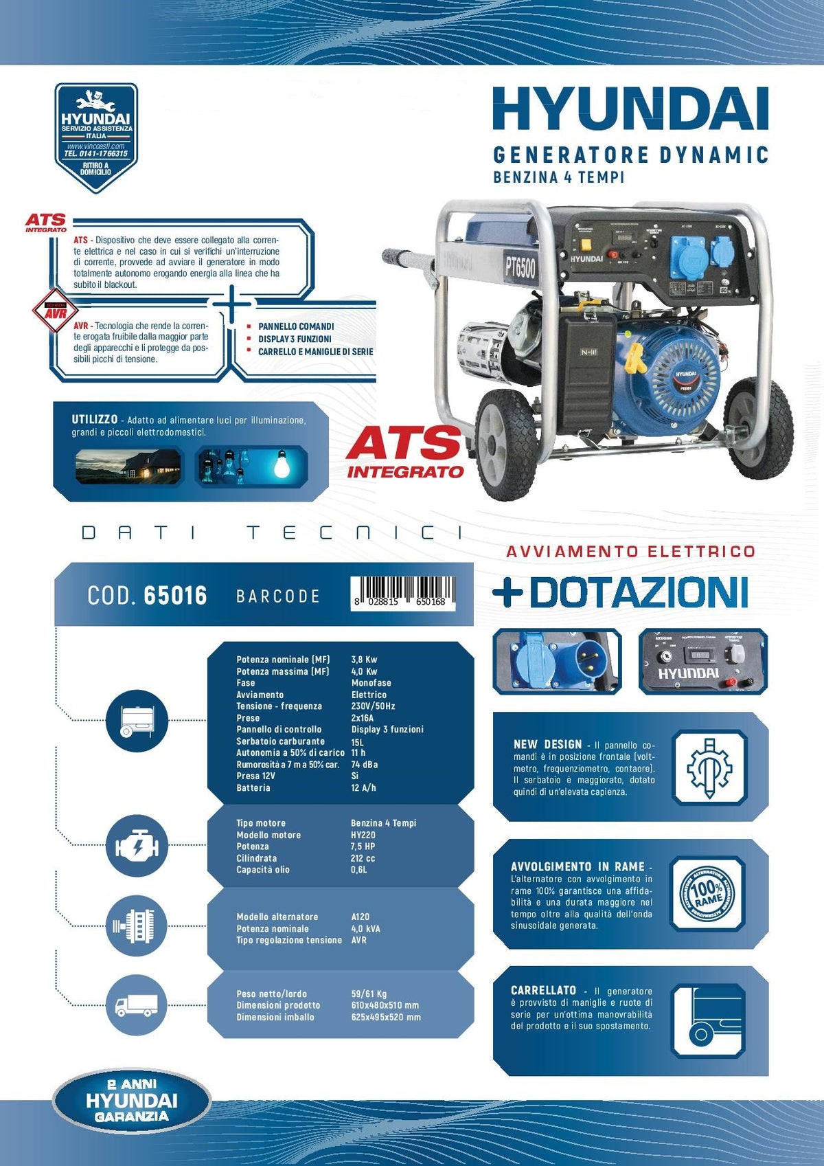 Generatore di corrente con ATS Hyundai 65016