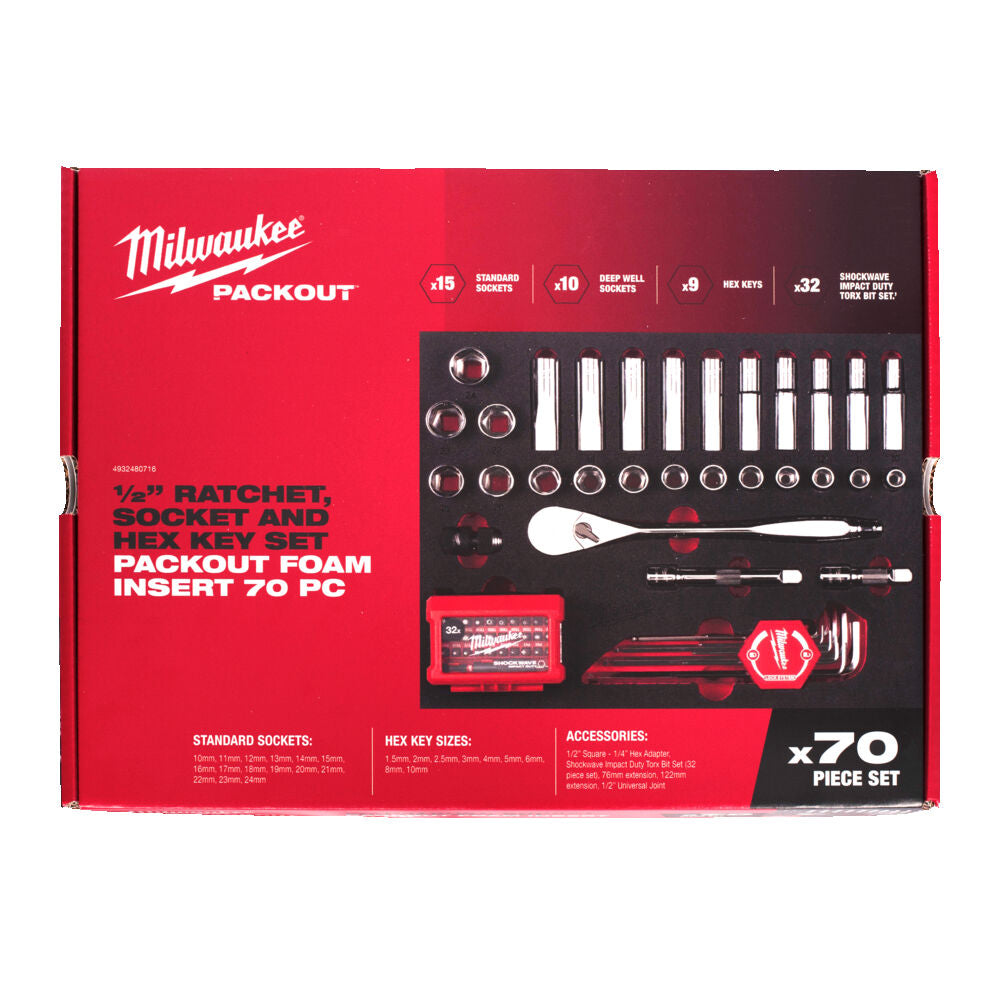 Milwaukee 4932480716 - Set cricchetto e bussole 1/2" in termoformato Packout - 70 pezzi