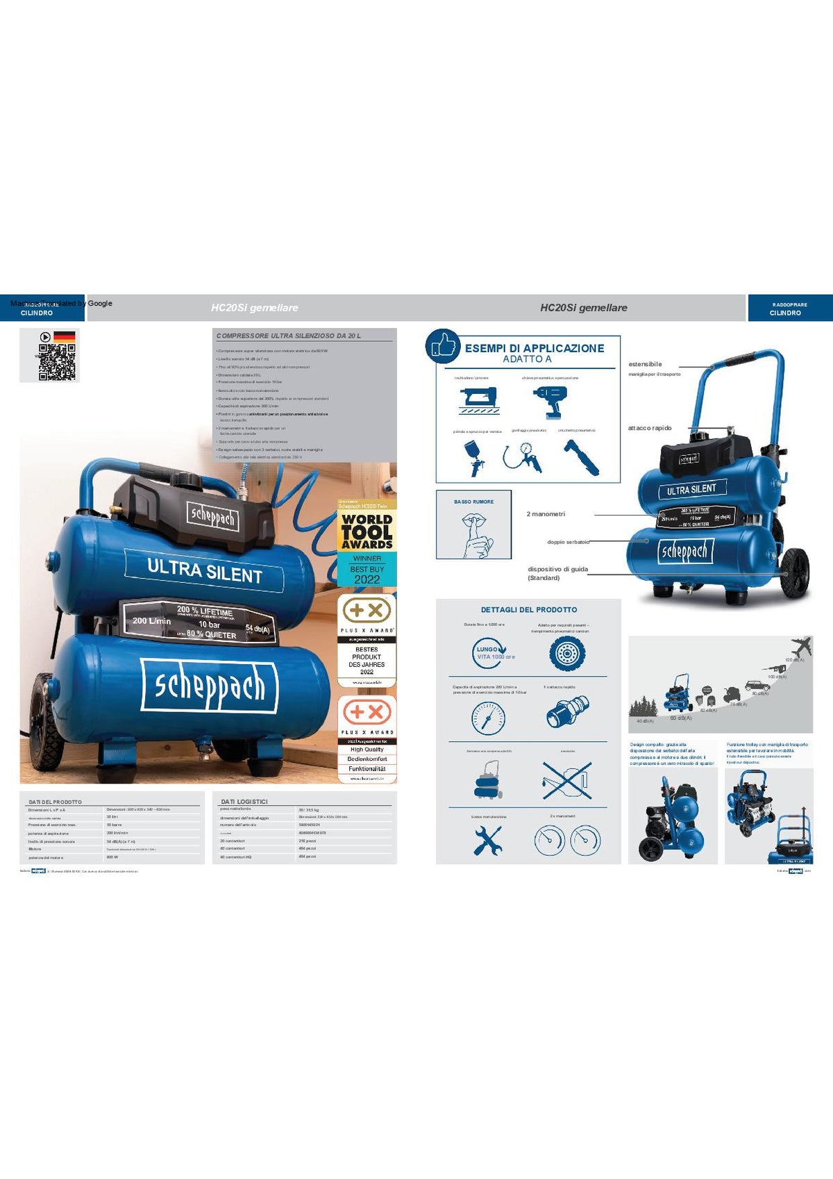 Scheppach HC20SI-TWIN - Compressore aria super silenziato 20 lt 10 bar 