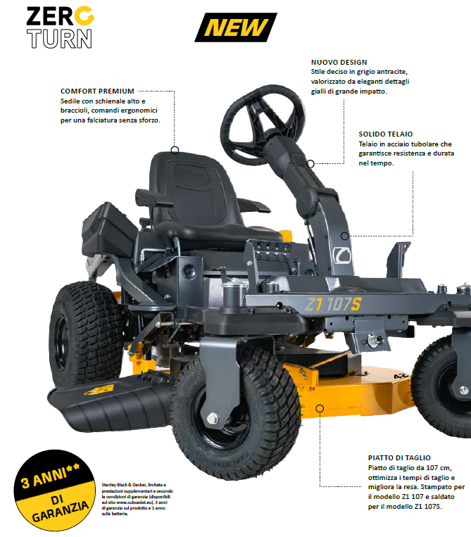 Cub Cadet Z1 107S Rasaerba zero turn volante , raggio zero per pendenze 46% (25°) , taglio 107 cm , c.c. 679 Trasmissione Doppia Hydro