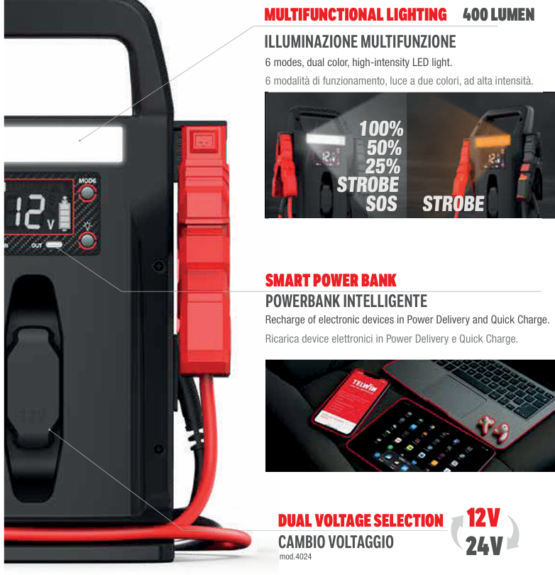 Telwin DRIVE PRO 4024 – Avviatore per auto moto camion multifunzione portatile 12V/24V