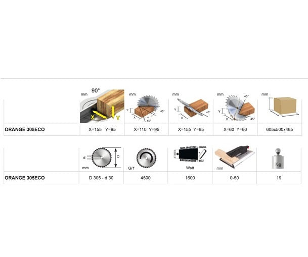 Compa Orange 305 Eco - Troncatrice per legno 1600W Ø305mm tipi di taglio