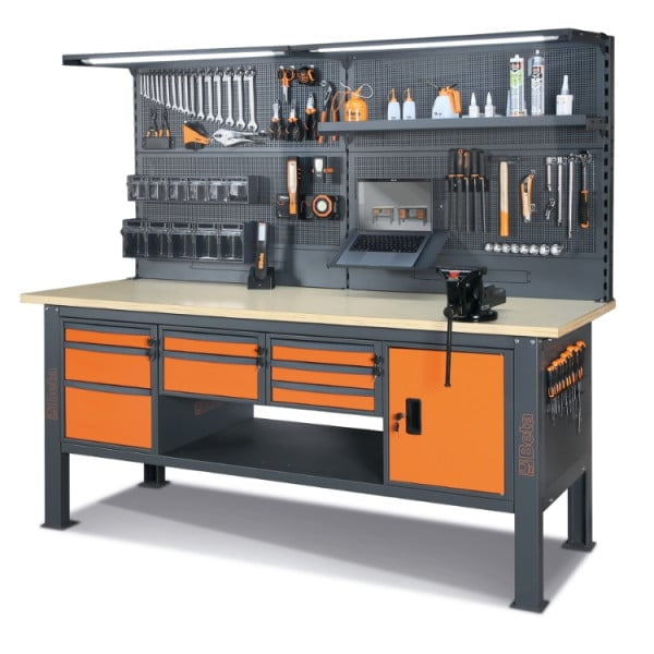 Beta C58BCA-W2,1/O - Banco da lavoro completo da 2,1 m con piano in legno, 8 cassetti e modulo anta
