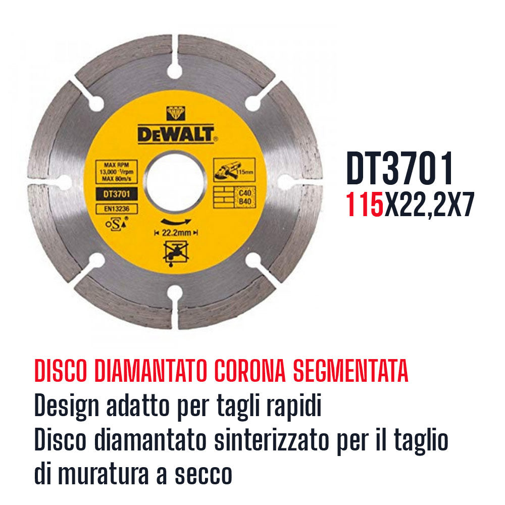 Disco diamantato Dewalt per taglio in muratura o metallo -115-DT3701 - 115x22,2x7 corona segmetata