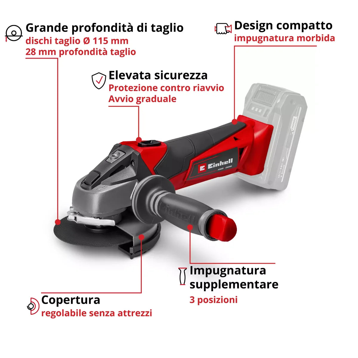 Einhell TE-AG 18/115 Li Solo - Smerigliatrice angolare 115 mm expert a batteria 8500 giri/min , solo corpo