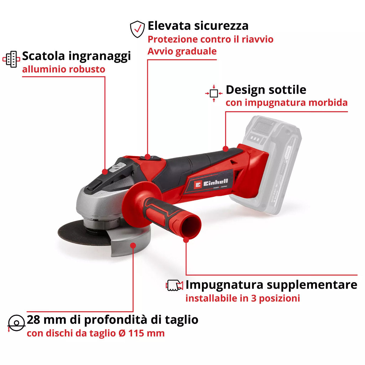 Einhell TC-AG 18/115 LI - Solo - Smerigliatrice angolare a batteria (Solo corpo)