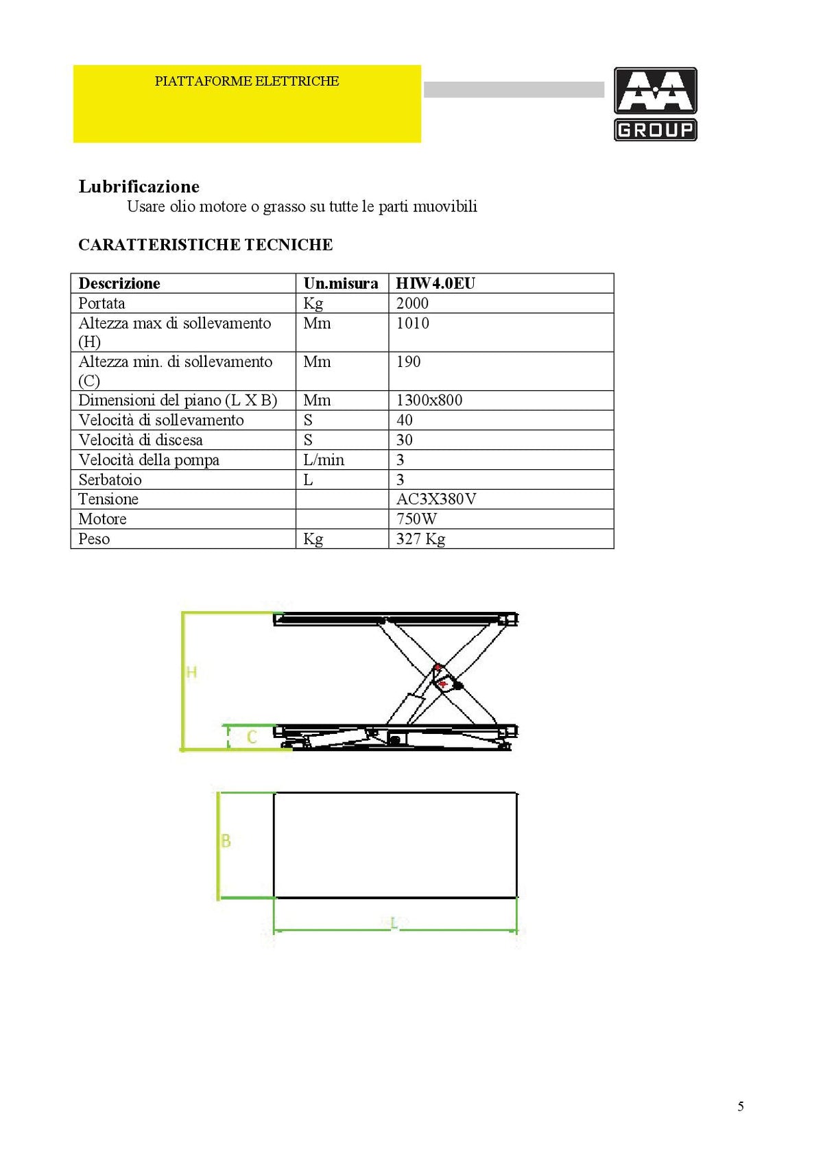 AxA HIW40EU - Piattaforma elevatrice elettrica, portata 2000kg