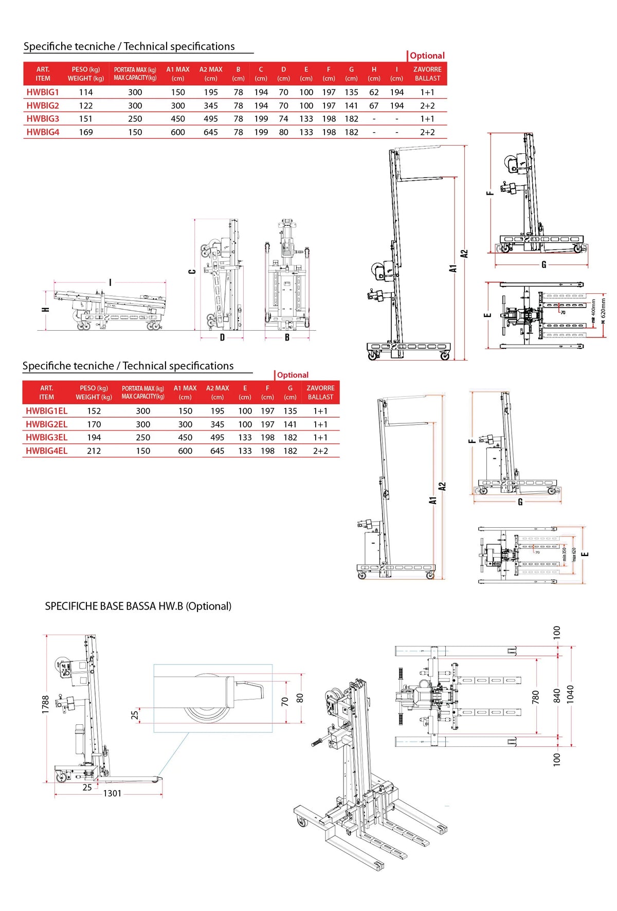 Faraone HWBIG3 - Sollevatore manuale 250kg, altezza 450cm