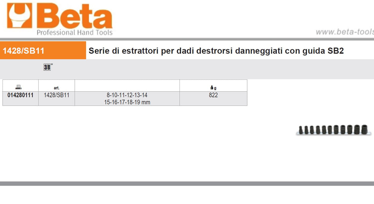 Beta 1428/SB11 Serie di estrattori per dadi destrorsi danneggiati con guida SB2 014280111
