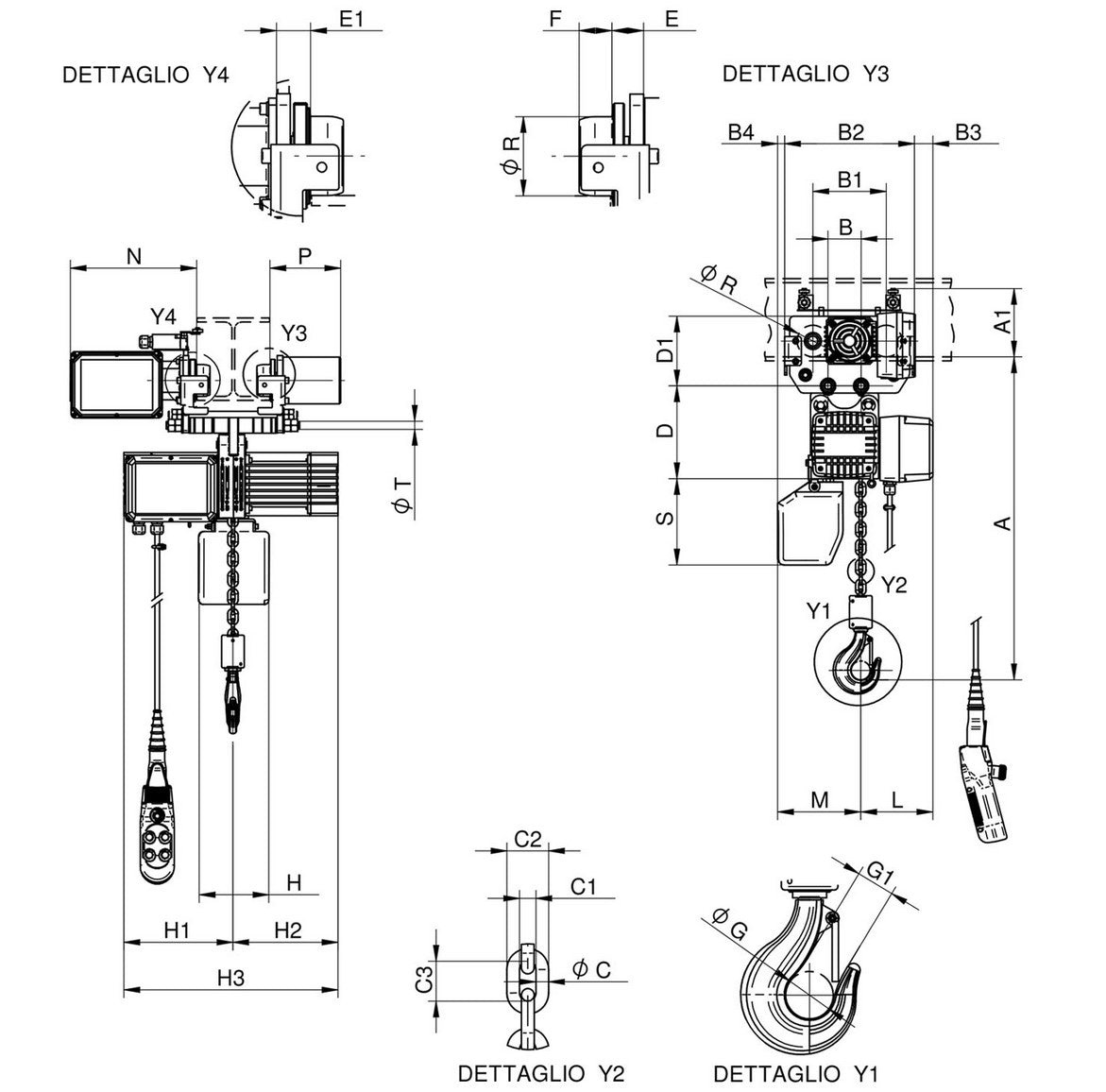 Rwm 500W6CE T1 V1 paranco 500KG con carrello elettrico velocità di translazione 7 o 14 m/min , catena 6 metri , pulsantiera 4 metri