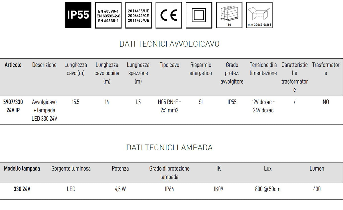 Zeca 5907/330 24V IP avvolgicavo con lampada