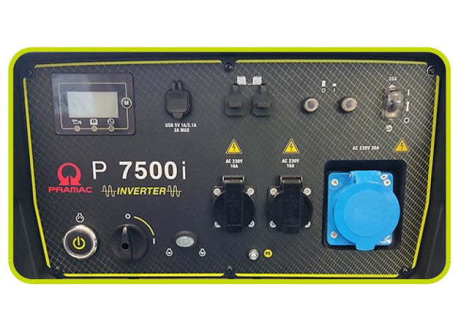 Pramac P7500i generatore 6,5 Kw , 220V inverter , n.2 schuko , n.1 2P+T CEE 230V 32A IP44