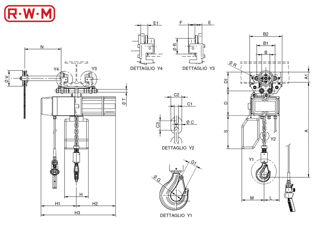 RWM 1500WR14CM CT CM PARANCO,6 METRI CATENA GANCIO,PULSANTIERA 3,5 METRI,CATENA MANOVRA 3,5 METRI
