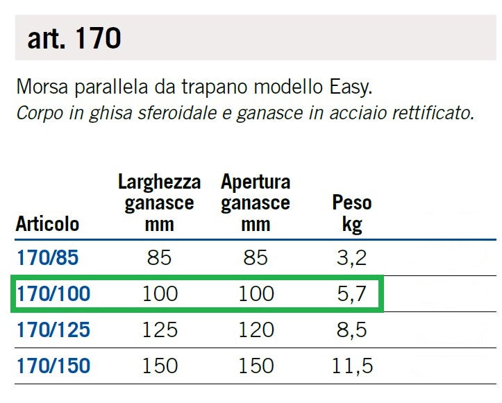 ARIEX 170/100 MORSA PARALLELA PER TRAPANO A COLONNA MM. 100