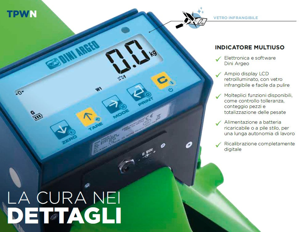 Transpallet TPWN EASY pesatore Dini Argeo con display doppia scala 1.000/2.000Kg , precisione +/- 1 kg