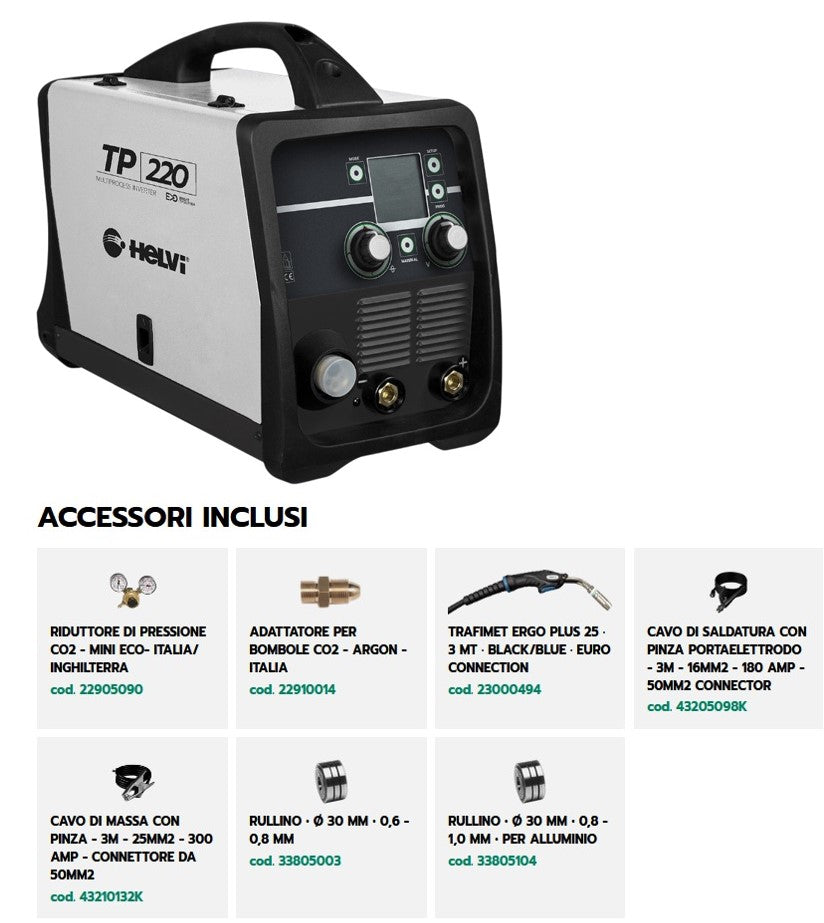 Helvi TP 220 Inverter di saldatura, multifunzione MIG/MAG, TIG e STICK , 220V
