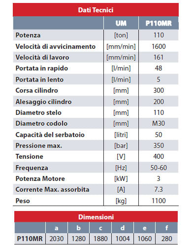 AxA P110MR - Pressa idraulica motorizzata a doppia velocità con rapido, capacità 110 ton