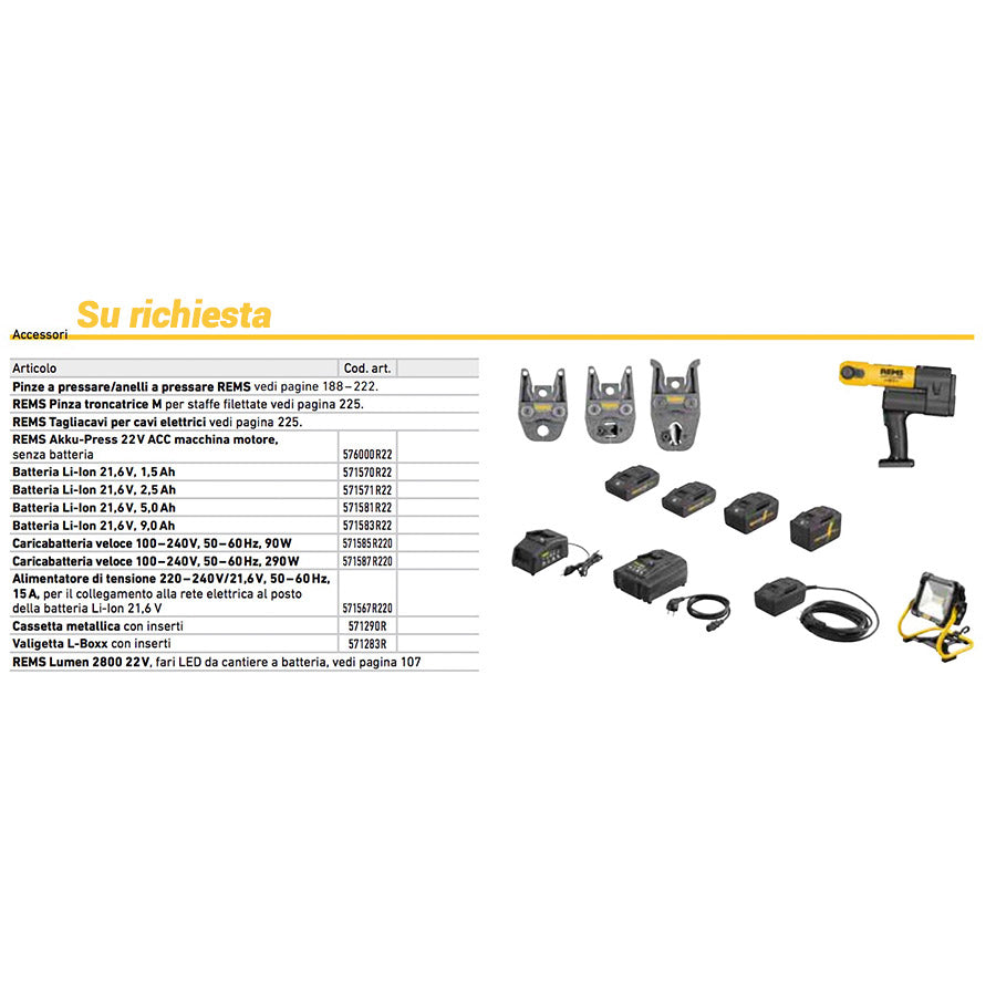 Rems Akku-Press 22V Basic-Pack - Pressatrice idraulica a batteria per tubi fino a Ø 110 mm