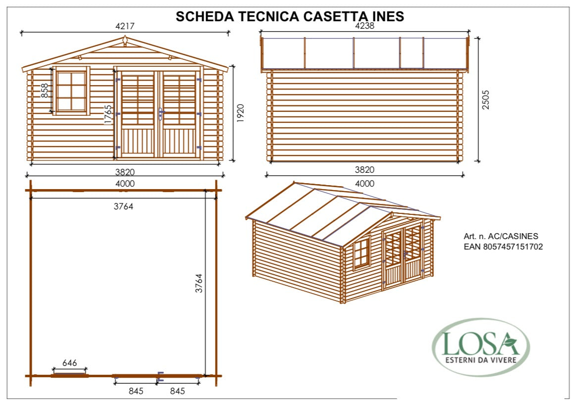 Losa Legnami Ines - Casetta da giardino in legno impregnato, 4 x 4 metri