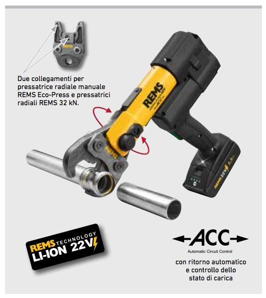 Rems Akku-Press 22V Basic-Pack - Pressatrice idraulica a batteria per tubi fino a Ø 110 mm