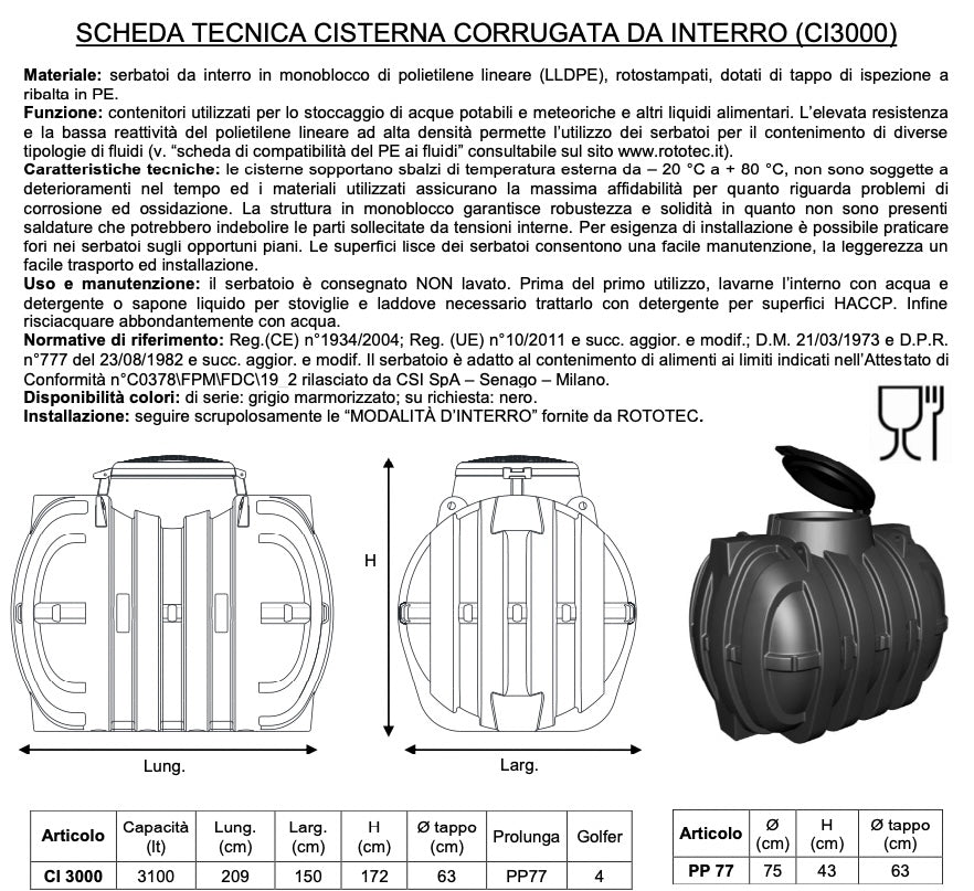 Rototec CL3000 - Serbatoio cisterna corrugata da interro - Capacità 3000 litri