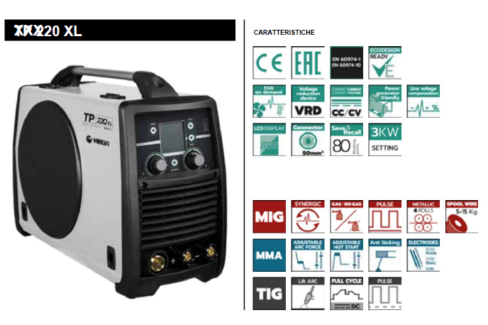 Helvi Tp 220 XL Inverter di saldatrice , multifunzione MIG/MAG, TIG e STICK controllato a microprocessore, 220v , 200A